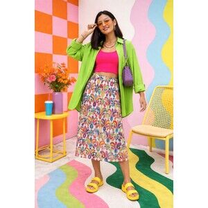 Colorful Paisley Embroidered Midi Skirt Dobby Fabric Boho Festival Cottagecore